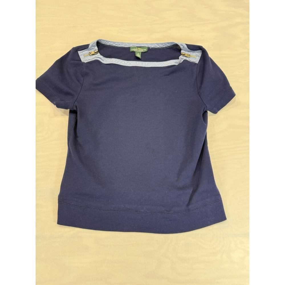 Lauren Ralph Lauren Women's Size M t-shirt Blue Boat Neck w Zippers Short Sleeve